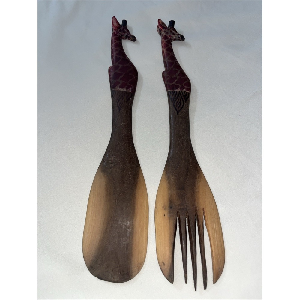 Vintage Wooden Handmade Giraffe Salad Tossing Fork & Spoon Works Great Clean Woo